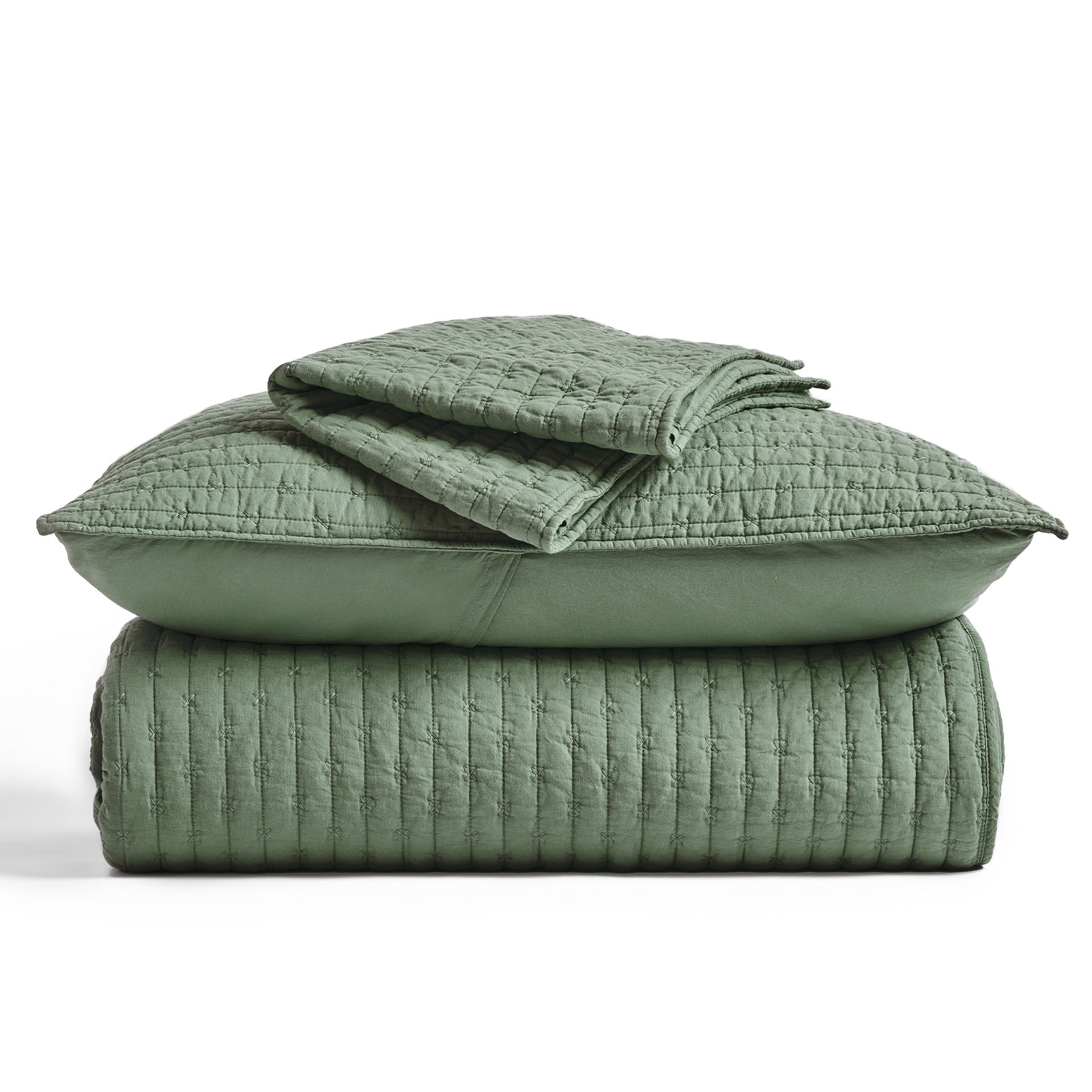 Cross Stitch Cotton Quilt set, King + 2 Shams, Olive Green