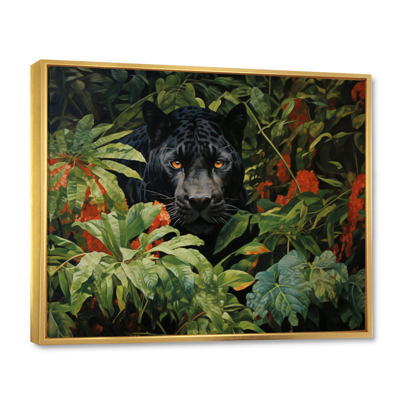 «Black Panther Jungle Roam Oil», art mural panthère pour le salon, Cadre flottant doré, H 30 po x l 40 po x P 1,5 po