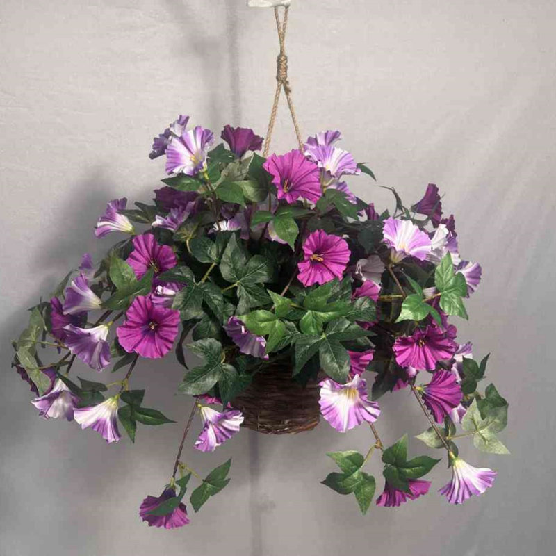 Faux floral avec panier suspendu dégradé artificiel gloire du matin et eucalyptus suspendus décor 3 pièces fleurs et un panier, B1