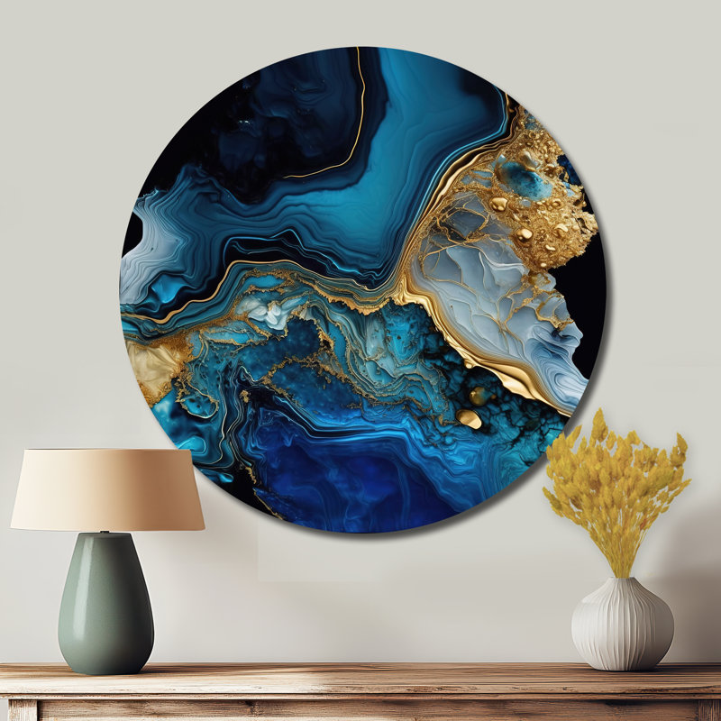 Géode abstraite or et marbre bleu IV - Décoration murale abstraite ronde en métal, H 16 po x l 16 po