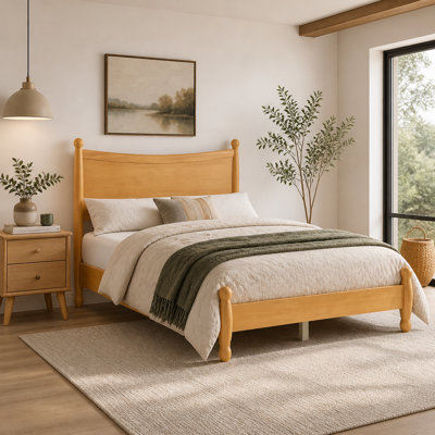 Bed Frame with Arched Headboard & Ball Finials,Classic Vintage Rustic Wooden Platform Bed with One-Piece Seamless Side Rails,Wooden Slat Support