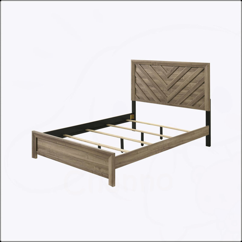 King Size Chevron-patterned Headboard Bed in Light Brown Warm Wood Finish, for Rustic and Modern Bedrooms., King