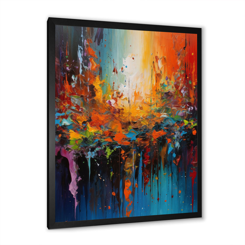 Orange, bleu sarcelle, fusion cubiste, art sur toile, H 20 po x l 12 po x P 1 po, Cadre simple noir