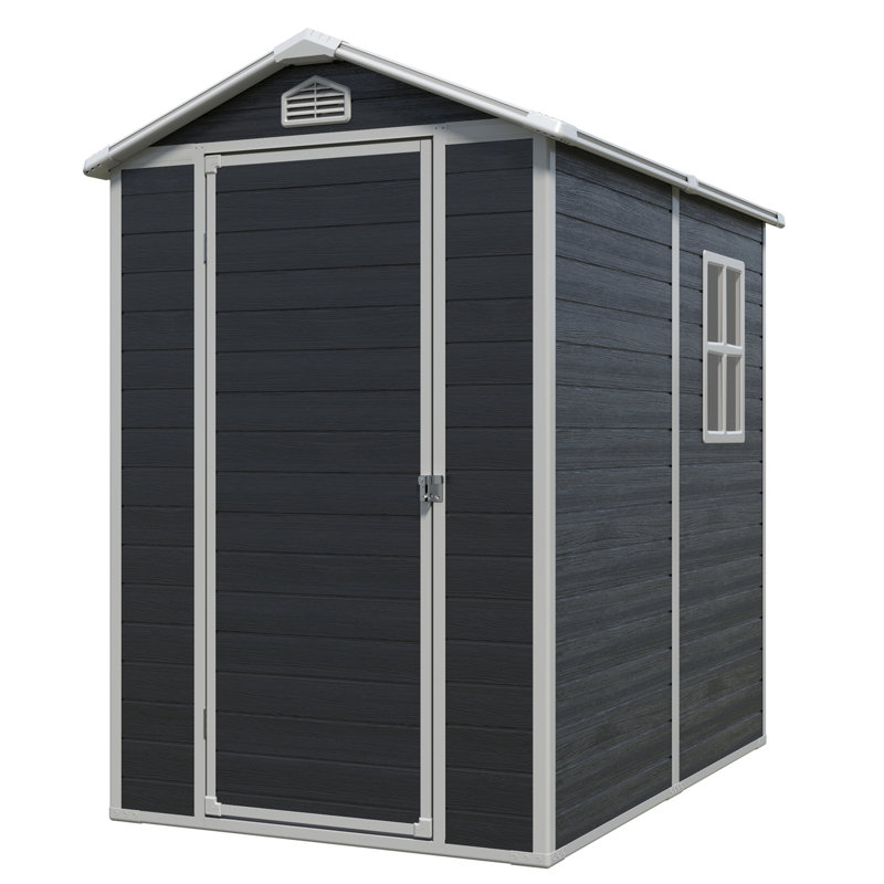 Remise de rangement pour l'extérieur en plastique noir 4 pi x 6 pi avec plancher, métal renforcé, bouches d'aération, fenêtre latérale, porte verrouillable pour ranger les outils de jardinage, conception renforcée, équipement de pelouse