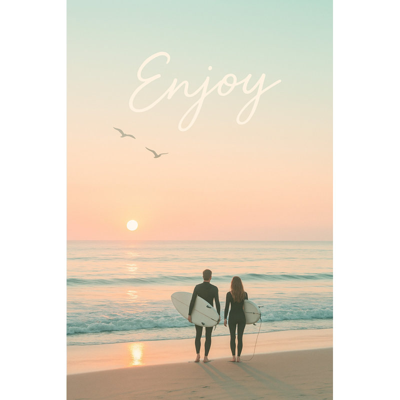 Enjoy the Moment - Sunset Surf Couple, reproduction d'art sur toile tendue, 48" H x 32" W