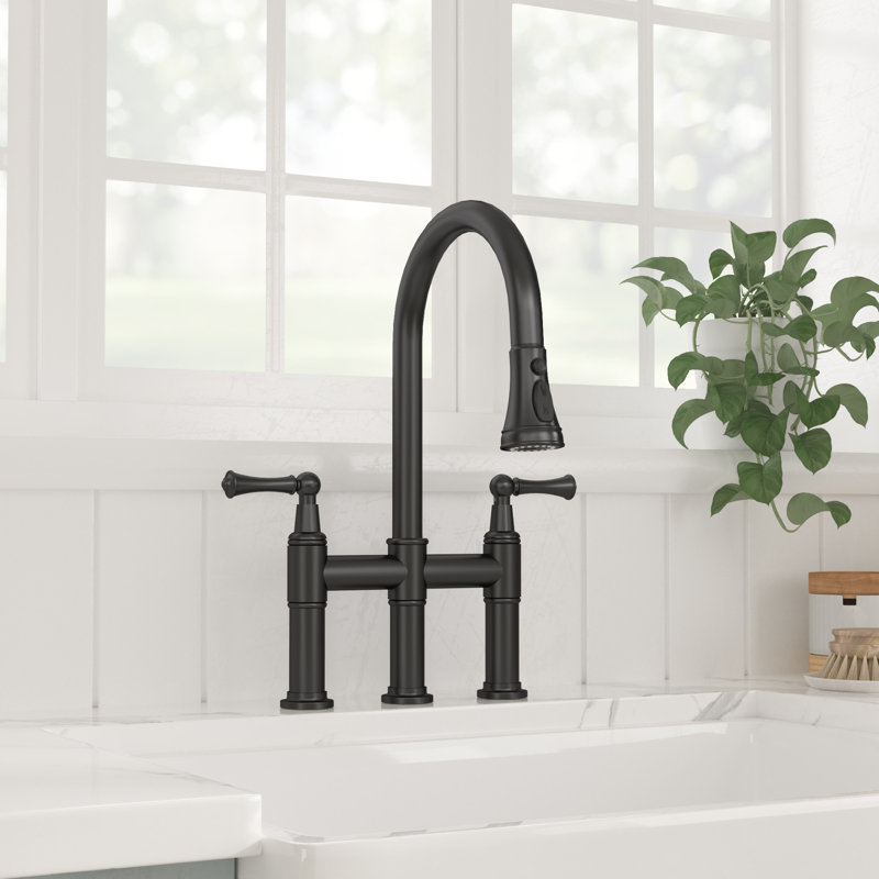Pull Down Bridge Kitchen Faucet, 3 Hole 8 Inch Double Handle Kitchen Sink Faucet, Matte Black