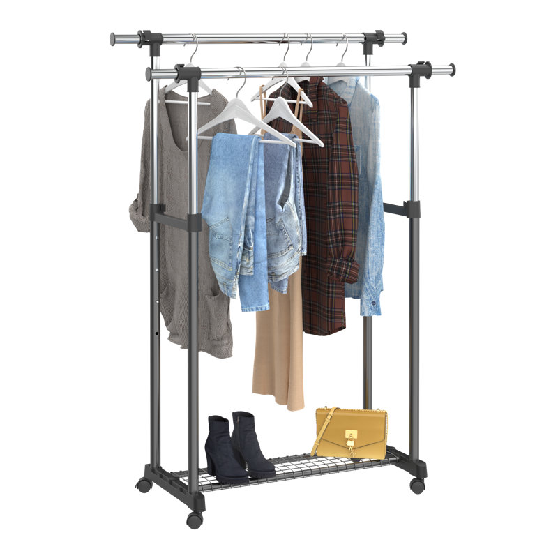 Adjustable Black and Chrome Portable Double Rail Garment Rack