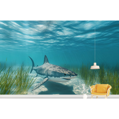«Calm Ocean Shark», scène paisible sous l'eau avec un requin gracieux nageant, art mural marine aux tons bleus pour un décor à thème bord de mer ou océanique 