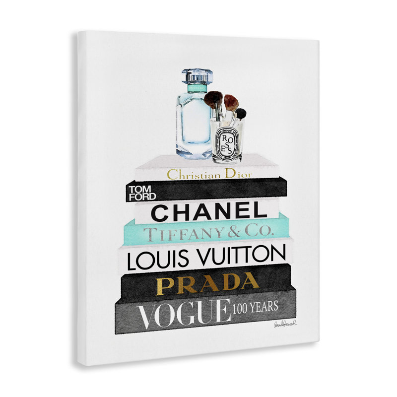 «Book Stack Perfume Brushes Glam Fashion», reproduction de peinture à l'aquarelle, H 20 po x l 16 po