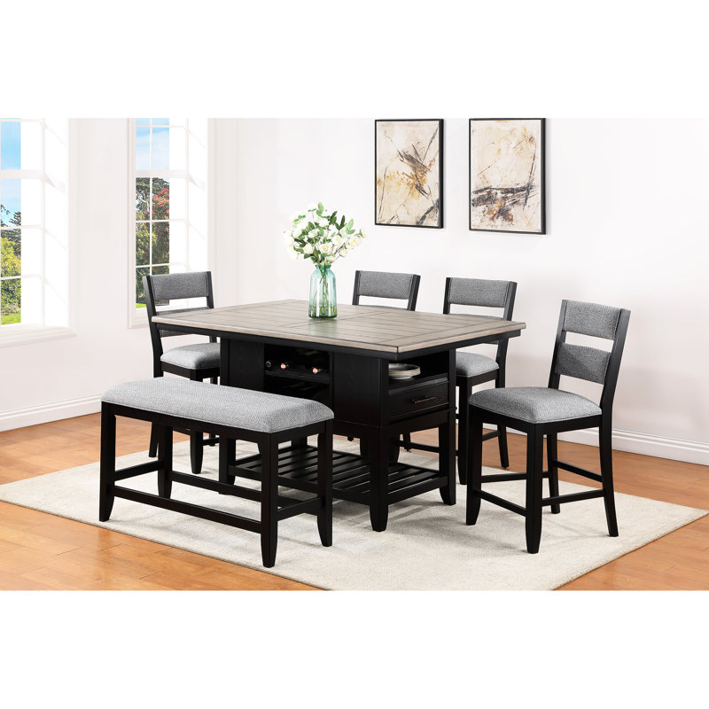 Transitional Counter-Height Bench With Dark Gray Upholstery - Spacious & Solid Dining Fabric Rectangular Build, Gray, Black
