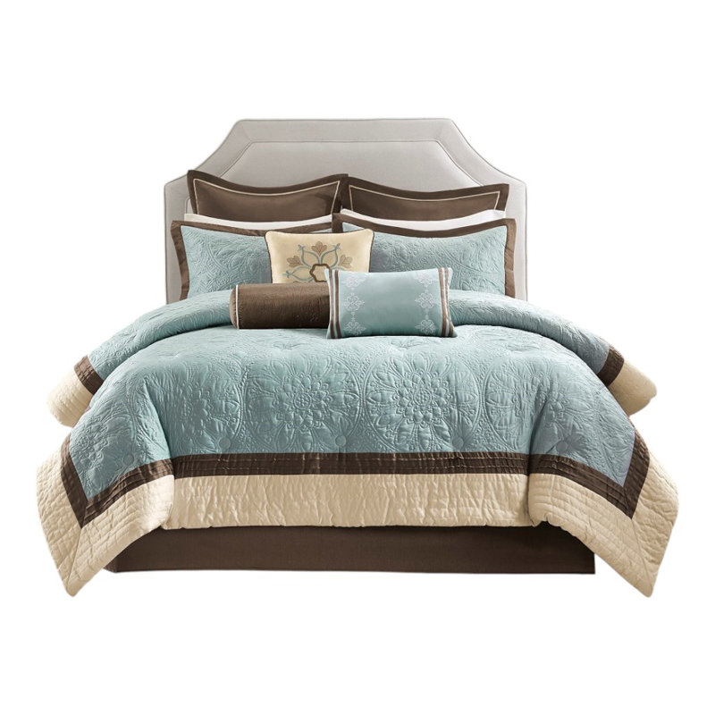 Deborah 9-Piece Charmeuse Comforter Set, Blue, Queen Comforter + 8 Additional Pieces