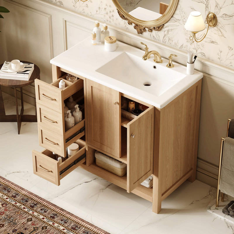 Meuble-lavabo 36 po avec comptoir d'évier, meuble-lavabo avec deux portes et deux tiroirs, bois massif, tablette ouverte, planches en MDF, deux ensembles, naturel