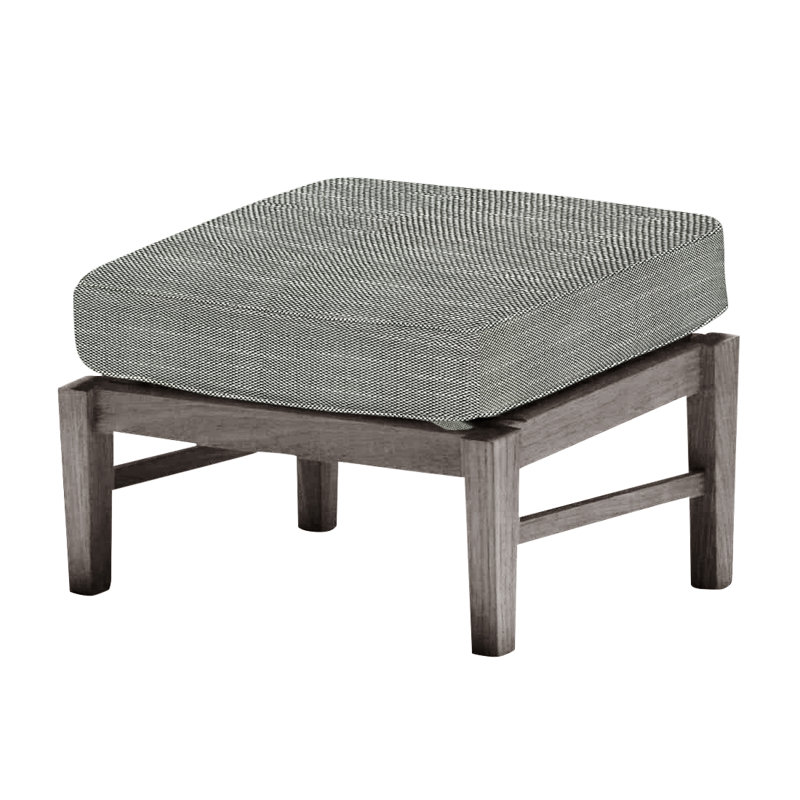 Croquet Outdoor Teak Ottoman with Cushion, Rollo Silver InsideOut® Linen, Welt, Oyster Teak