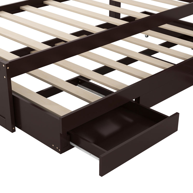 Lit simple TG avec options de rangement, tête de lit à DEL et station de charge, rangement plateforme brun foncé, tête de lit, chargement, 2 tiroirs, style lit gigogne
