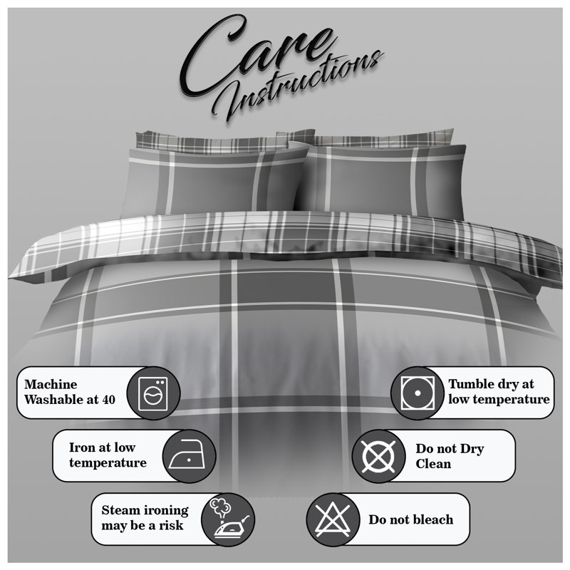 Check Pattern Polycotton Duvet Cover Set with Pillowcases - Lightweight Bedding in Single Double King, Gray, King