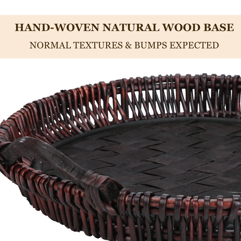 Handwoven Willow Round Ottoman Tray with Wooden Base and Handles, 20", Espresso Wood