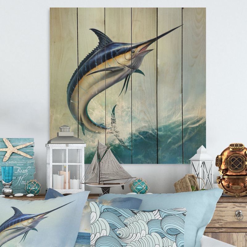 Marlin bleu dans l'océan II - décoration murale en bois nautique et côtier - bois de pin naturel, H 36 po x l 36 po x P 1 po