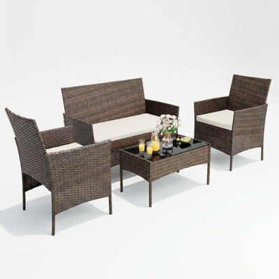 Ensemble de bar d'extérieur 4 pièces - conversation en rotin bistro avec causeuse, 2 chaises, coussins moelleux, table en verre - idéal pour balcon, porche, jardin - rotin brun, coussin rouge