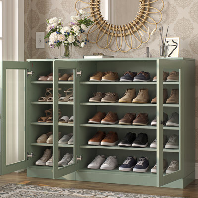 Armoire de rangement à chaussures 100% en bois massif avec porte en verre, tablettes réglables, rangement modulaire pour vestibule, l 48,5 po x H 35,75 po
