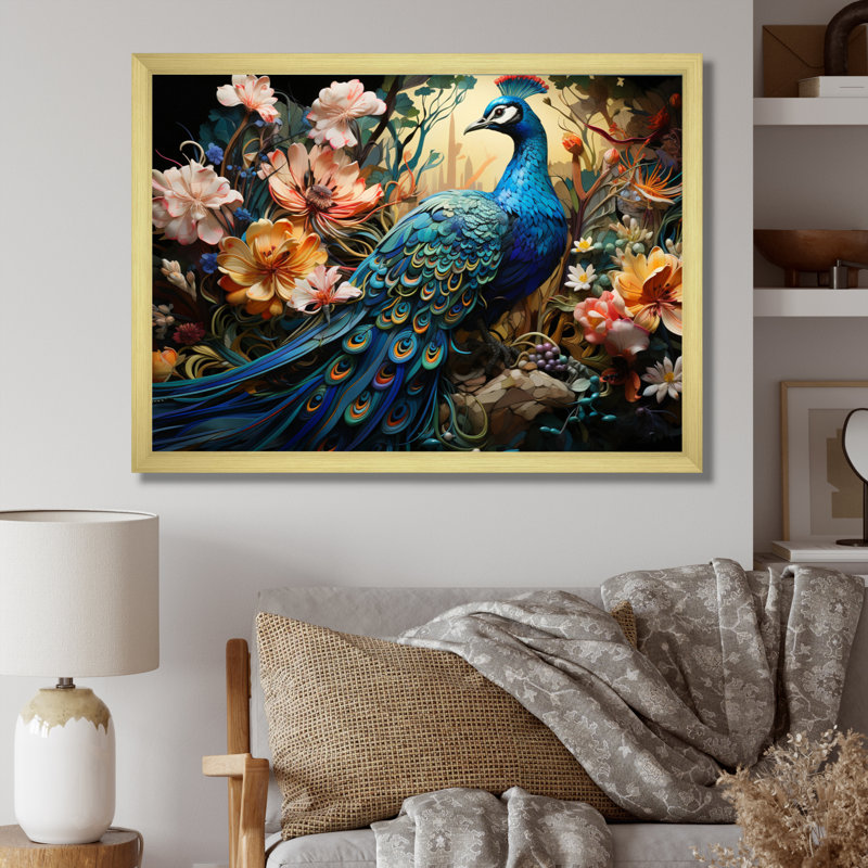 Teal Peacock Parade I - Peacock, reproduction d'art encadrée, H 24 po x l 32 po x P 1 po, Cadre doré simple