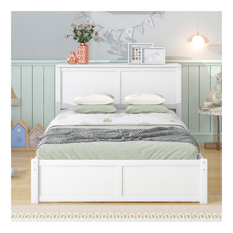 Lit plateforme double avec rangement et tablettes gigognes, blanc