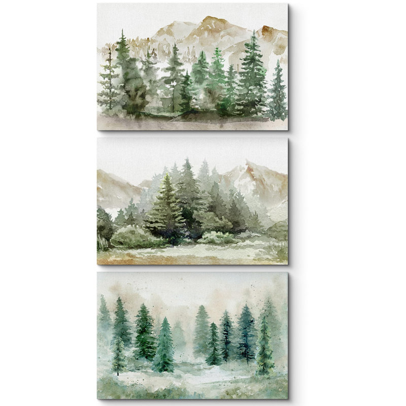 Paysage de forêt Woodland, forêt de pins, nature rétro, paysage de forêt, 3 pièces, Toile tendue, H 24 po x l 36 po