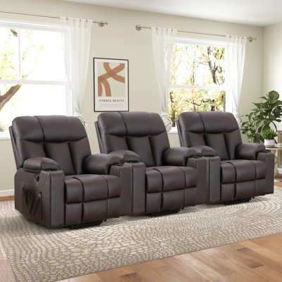 37.8" Wide Faux Leather Power Lift Assist Heated Massage Home Theater Individual Seat With Dual Cup Holders & USB(Set Of 3)