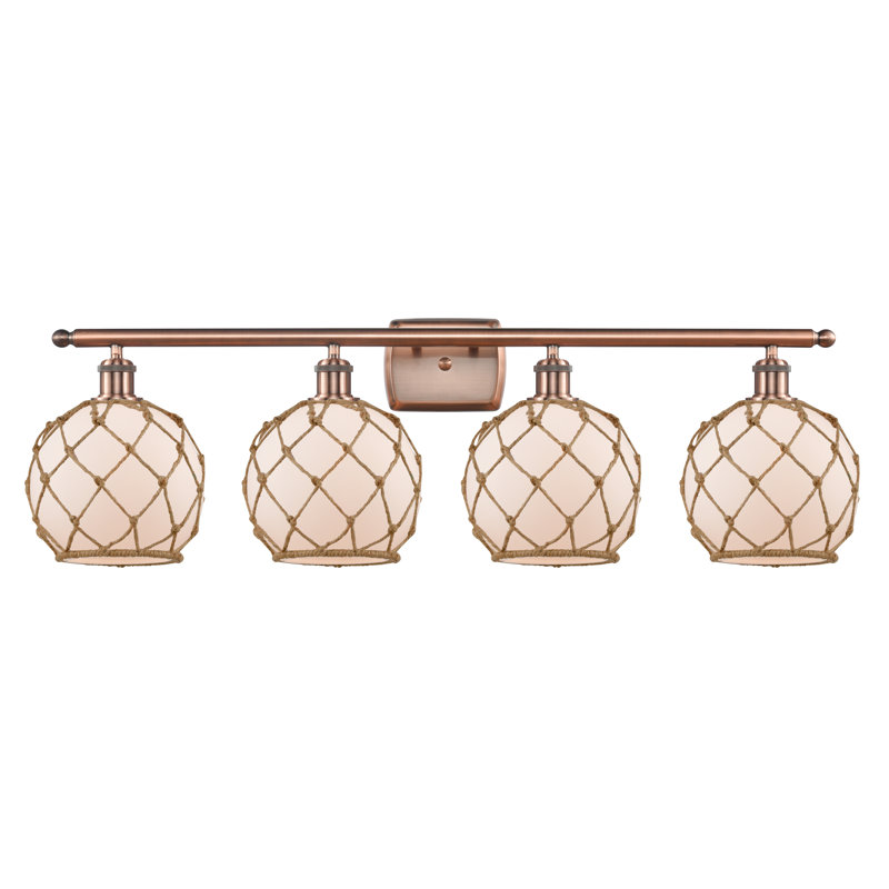 Éclairage de salle de bain à intensité variable 4 lumières Larochelle Farmhouse Rope, Blanc / Brun, Cuivre antique
