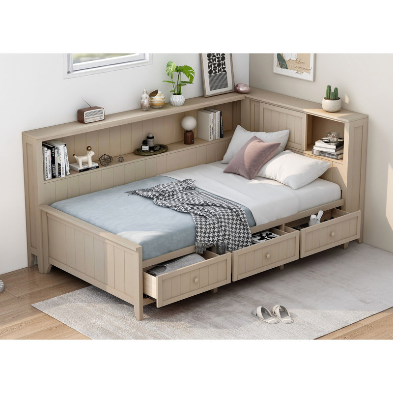 Lit de jour en bois avec tablettes de rangement et 3 tiroirs, Lit simple, Blanc antique