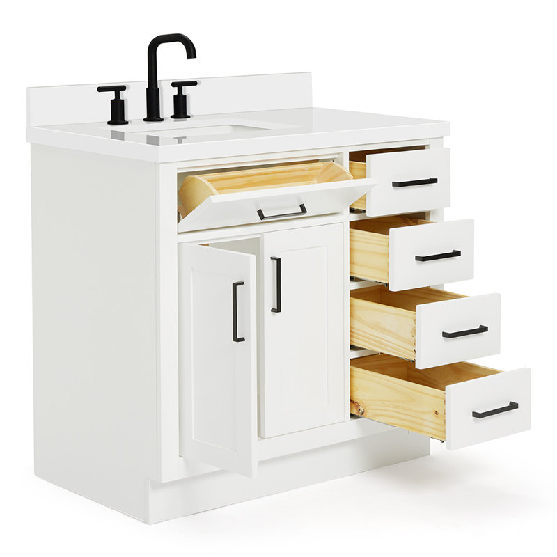 Meuble-lavabo simple en bois massif 36 po Tidworth avec plateau en quartz 1,5 po, Blanc, Forme rectangulaire, Gauche