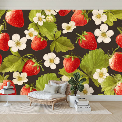 Peel and Stick Wallpaper 96" W x 69" H Modern Self Adhesive Wall Mural for Bedroom Strawberry flowers wild berries leaves seamless texture for summer