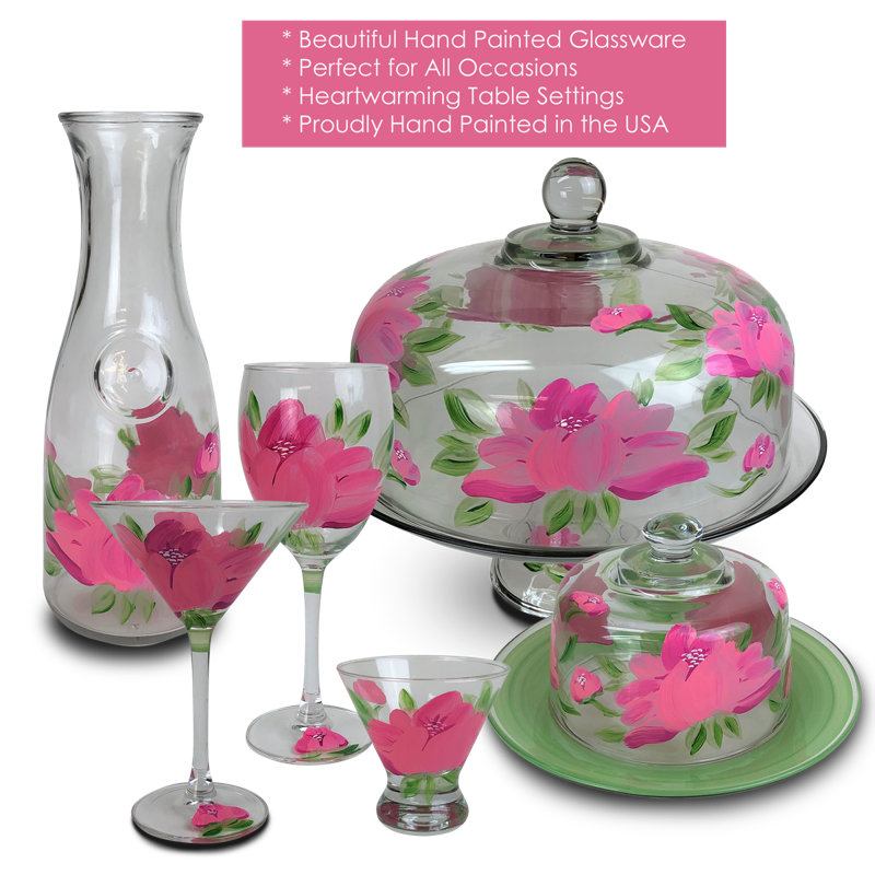 Hand Painted Pink Peony Glass Flute Set