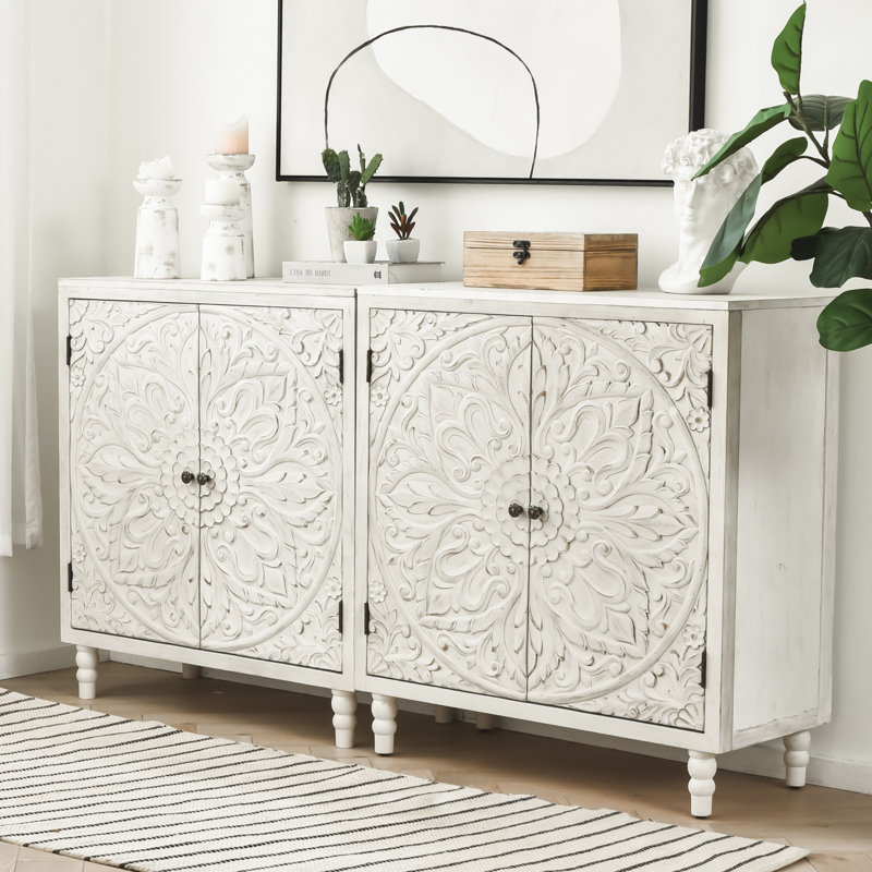 Carved Door 2-door Cabinet, Bronze, White Cream
