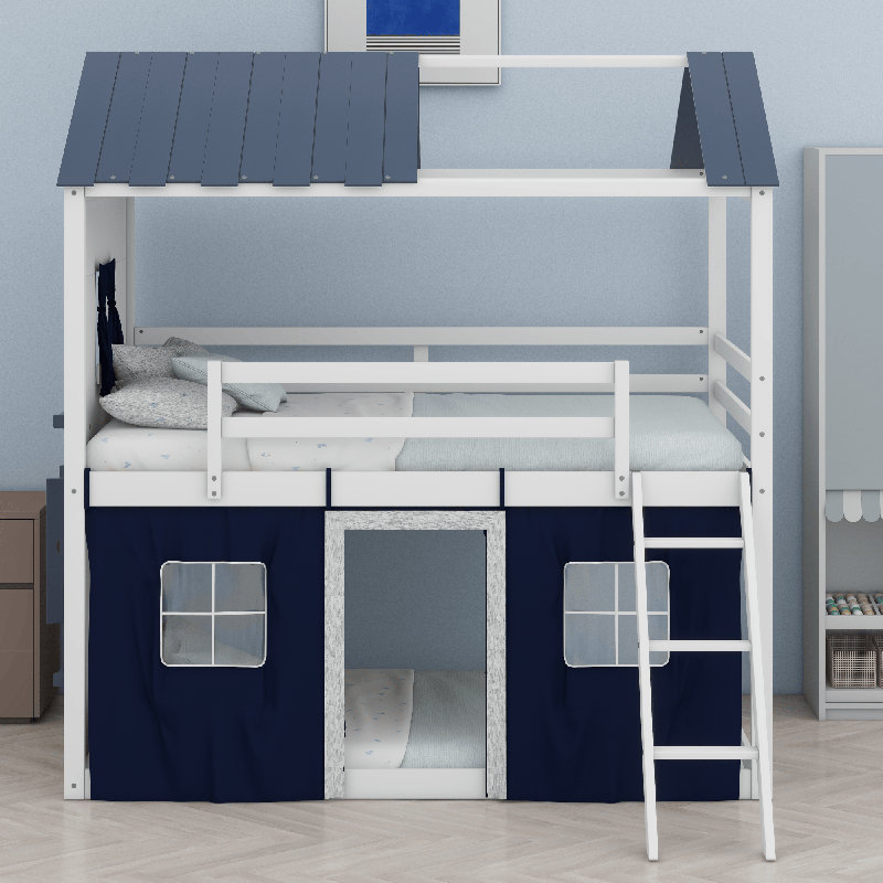 Lit superposé en bois avec fenêtres élégantes, Bleu / blanc