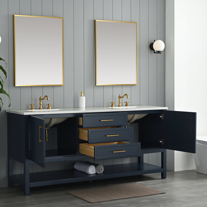 Meuble-lavabo double 72 po Vicini, Bleu indigo / or brossé