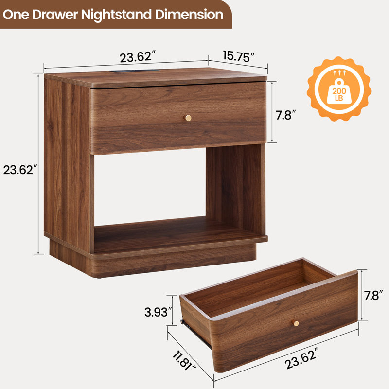 Table de chevet 23,6 po avec station de charge, Brun