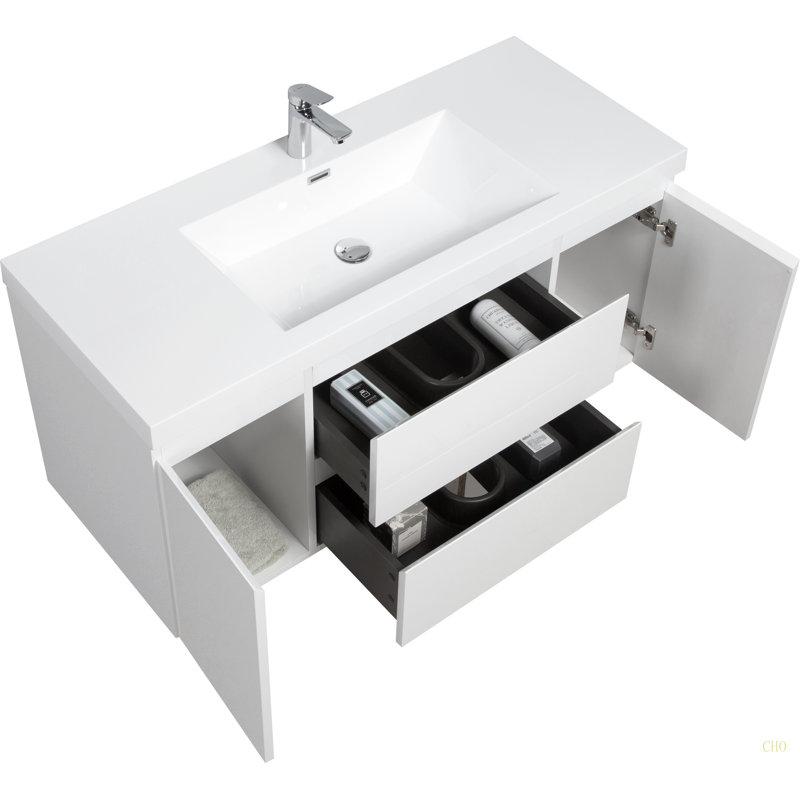 Meuble-lavabo flottant 48 po avec lavabo, meuble-lavabo mural moderne avec lavabo en résine et tiroirs à fermeture en douceur 48 po