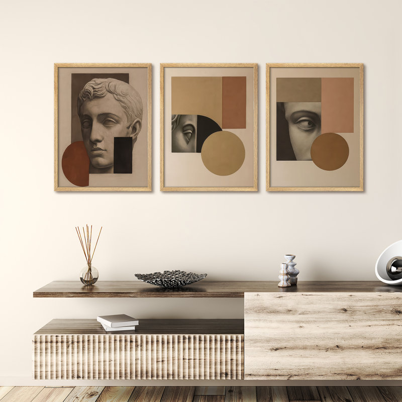 Collage classique de buste, ensemble de 3 reproductions d'art mural encadrées - Sculpture rétro avec blocs géométriques modernes