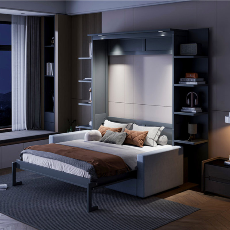 Grand lit escamotable mural avec canapé, peu encombrant et multifonctionnel pour la vie moderne, Gris