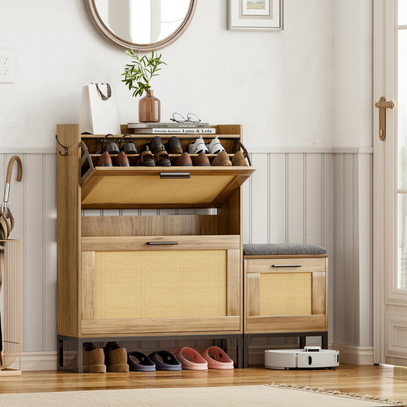 Shoe Storage Cabinet With 2 Flip Drawers, Rustic Oak