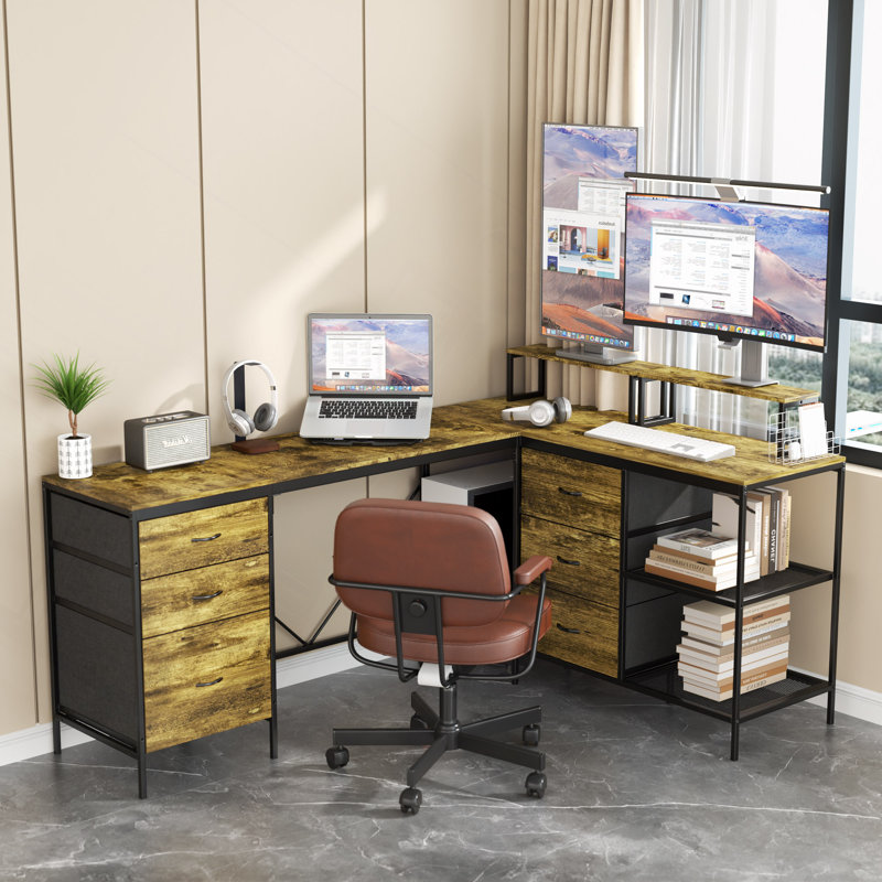 Bureau 114 po en forme de L avec Power Hub, bureau de jeu industriel - 6 tiroirs, support pour écran amovible