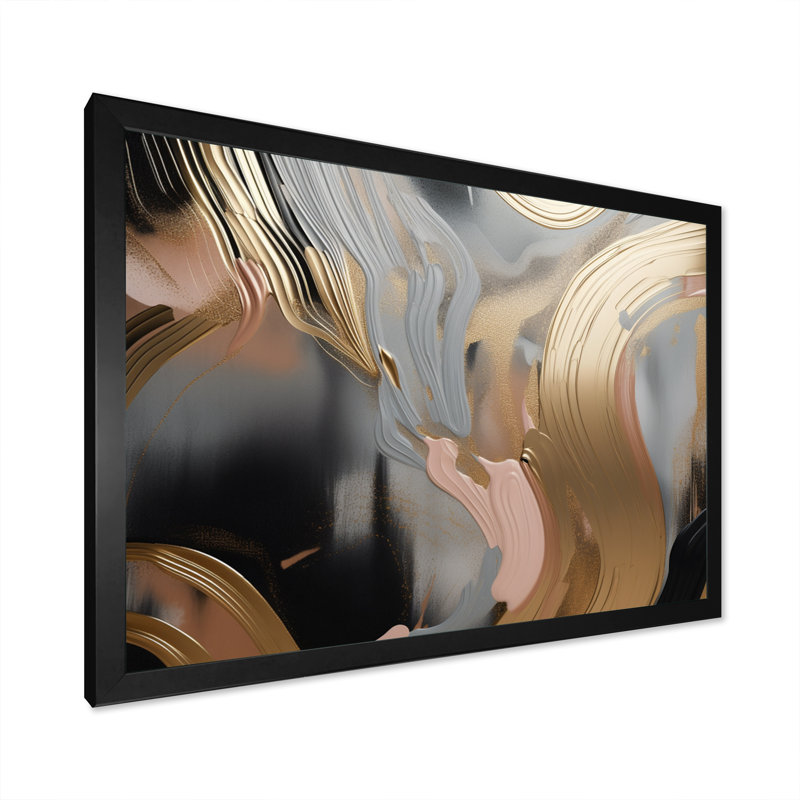 «Gold and Pink Vibrant Swirls IV», reproduction sur toile abstraite en marbre, Cadre simple noir, H 12 po x l 20 po x P 1 po