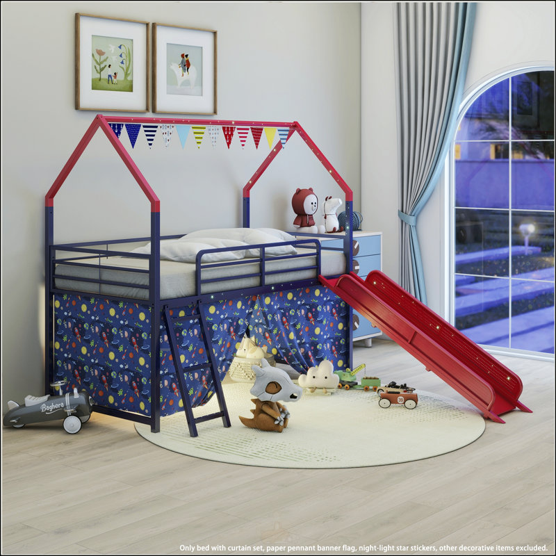 Twin Loft Bed With Slide And Curtain Set, Blue/Red