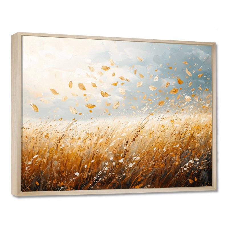 «Meadow Windy Prairie Leaves IV», art mural prairie, H 24 po x l 32 po, Reproduction avec cadre flottant, Crème, crème
