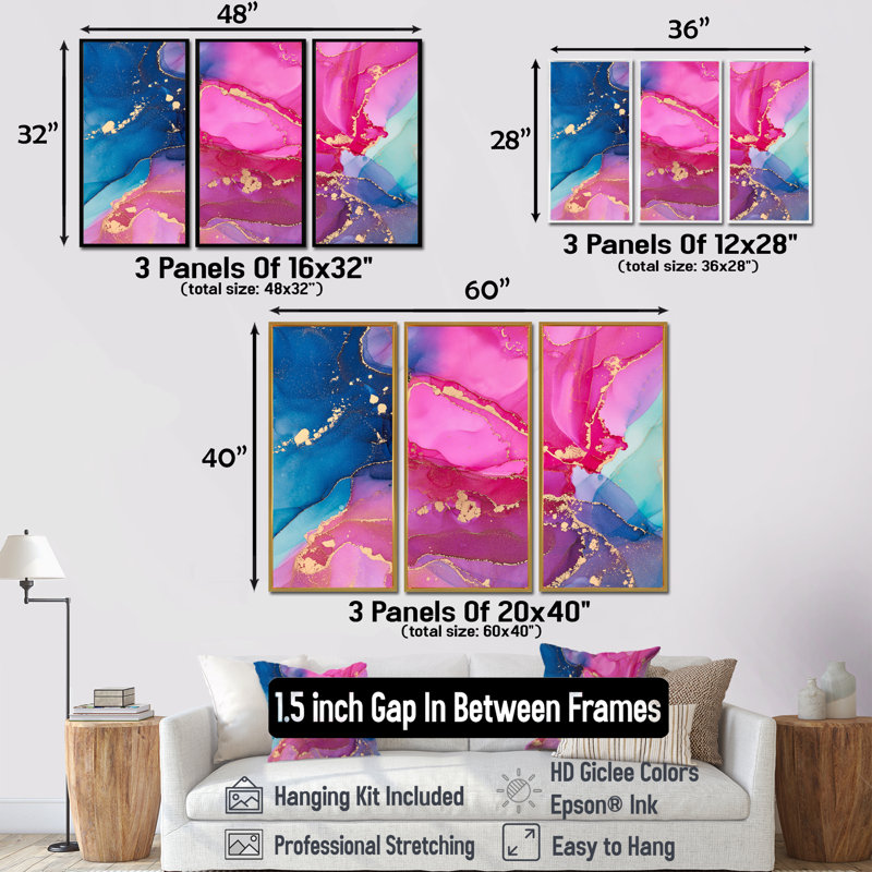 Mauve et rose, art abstrait fluide de luxe - 3 pièces, cadre flottant, impression sur toile, L 48 po x H 32 po, Argent