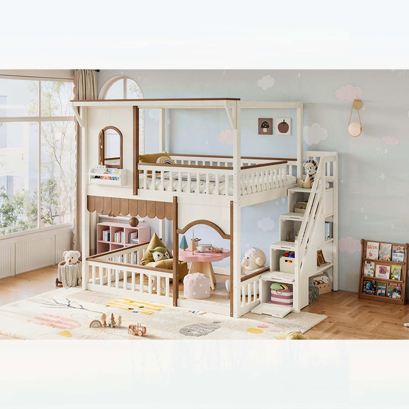 Lit superposé double au-dessus d'une chambre double avec escalier de rangement, fenêtre, bibliothèque latérale et espace inférieur convertible pour dormir ou jouer, structure en bois massif, beige et naturel profond