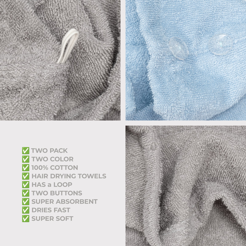 100% Cotton Hair Towels, Hair Turban Towel Wrap Long Curly Hairs, Light Gray/Sky Blue