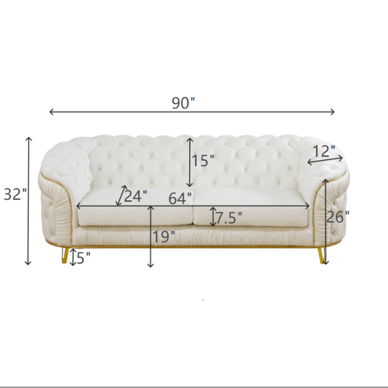 Causeuse Chesterfield 90 po en velours capitonnée avec détails dorés, Blanc
