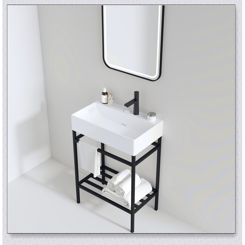 Meuble-lavabo 24 po avec lavabo en céramique, ensemble de lavabo console sur pied, lavabo rectangulaire en céramique brillant sans robinet, pieds en métal ouverts, tablettes de rangement