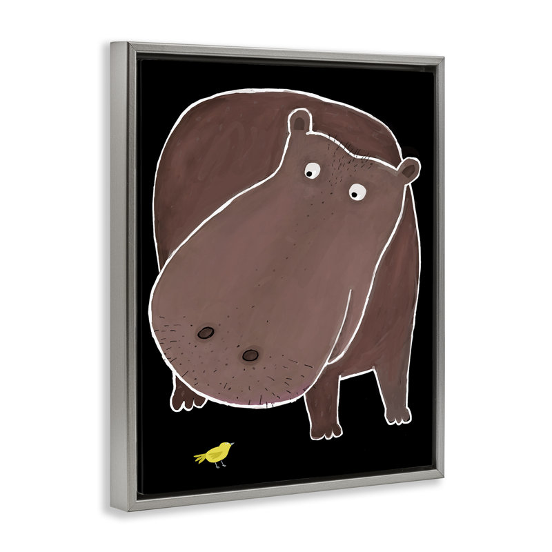 Hippopotame et oiseau sur cadre flottant noir, design par Carla Daly, H 21 po x l 17 po, Cadre flottant gris lustré